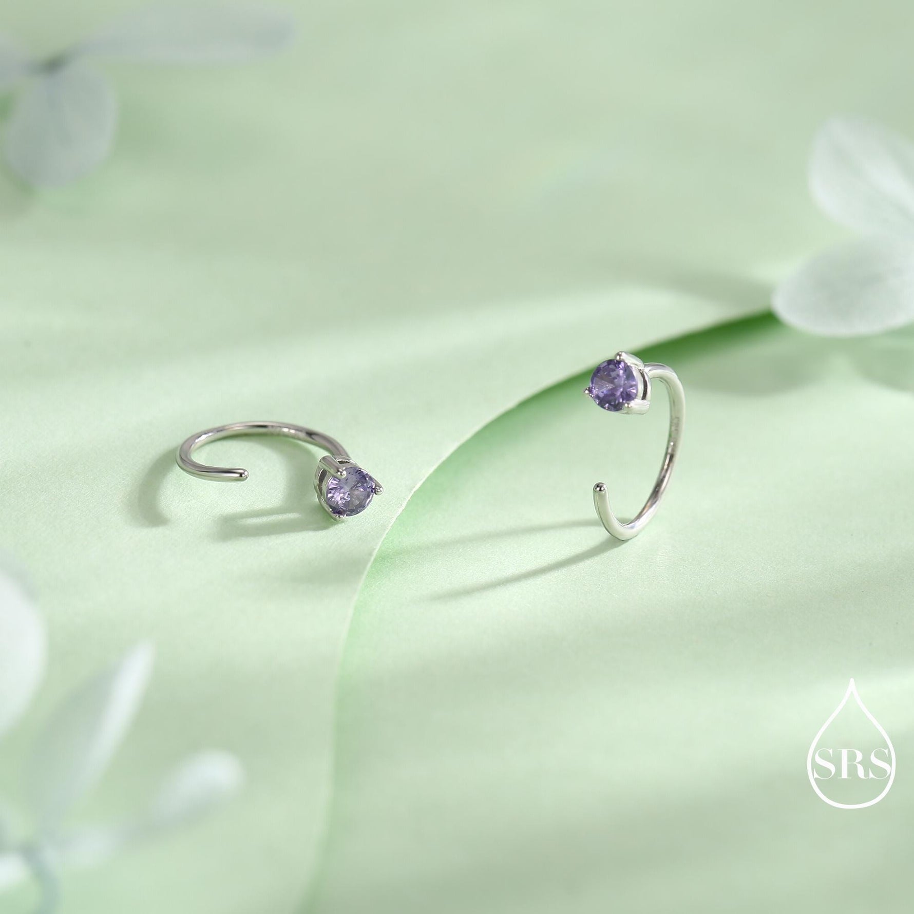Lilac Amethyst Purple Crystal Huggie Hoop Threader Earrings in Sterling Silver, 3mm Three Prong, Gold or Silver, Pull Through Open Hoops