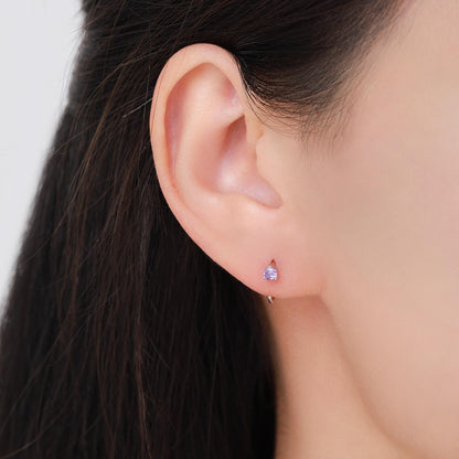 Lilac Amethyst Purple Crystal Huggie Hoop Threader Earrings in Sterling Silver, 3mm Three Prong, Gold or Silver, Pull Through Open Hoops