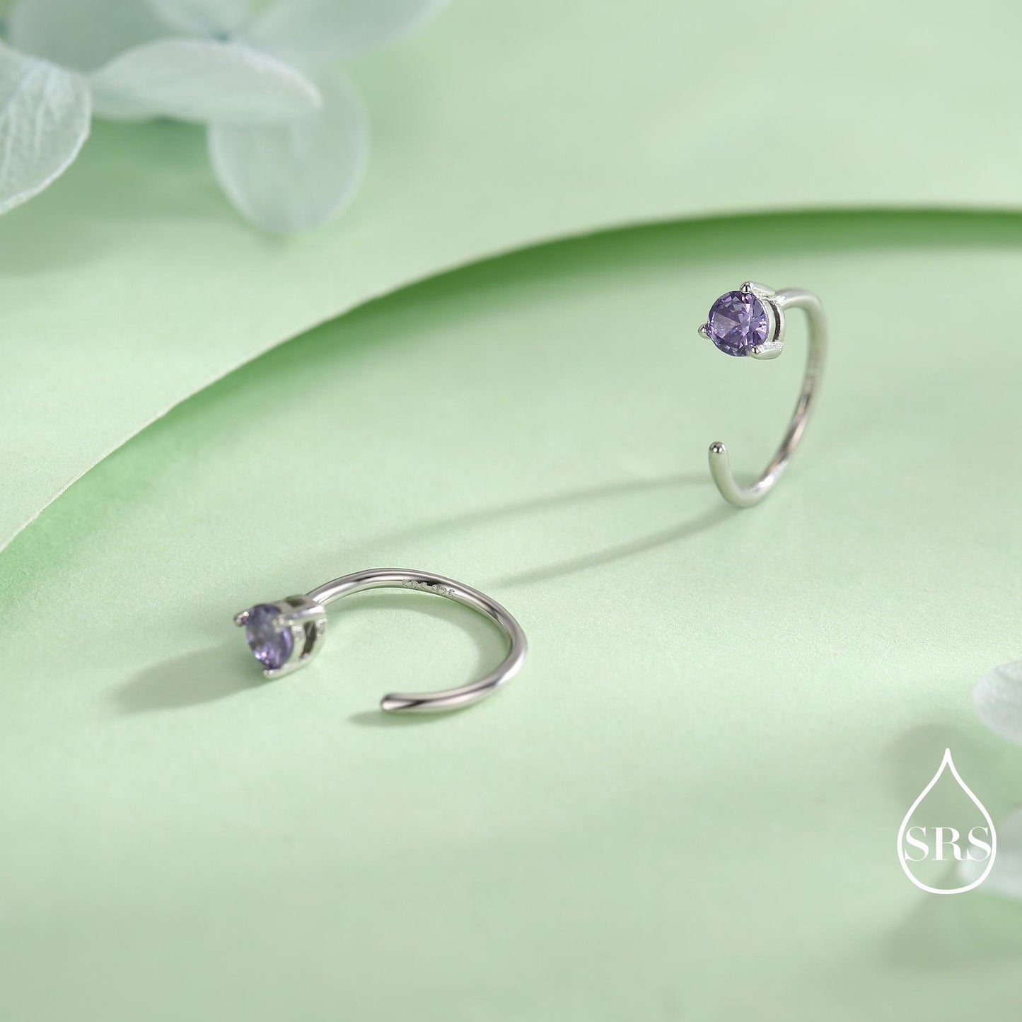 Lilac Amethyst Purple Crystal Huggie Hoop Threader Earrings in Sterling Silver, 3mm Three Prong, Gold or Silver, Pull Through Open Hoops