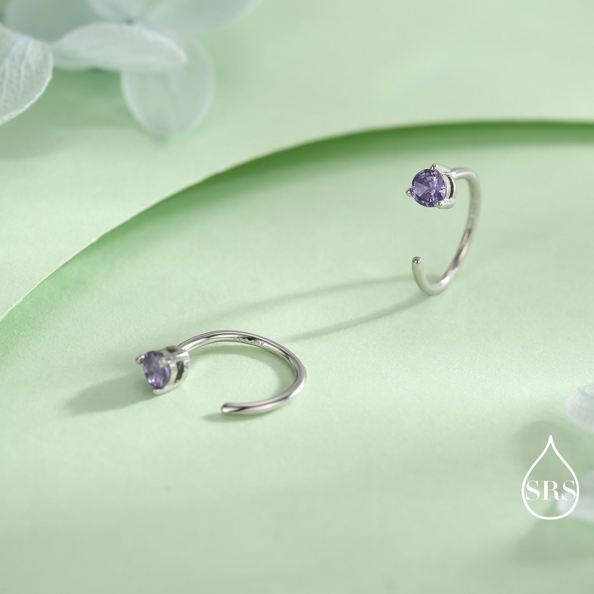 Lilac Amethyst Purple Crystal Huggie Hoop Threader Earrings in Sterling Silver, 3mm Three Prong, Gold or Silver, Pull Through Open Hoops