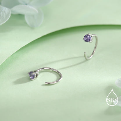 Lilac Amethyst Purple Crystal Huggie Hoop Threader Earrings in Sterling Silver, 3mm Three Prong, Gold or Silver, Pull Through Open Hoops