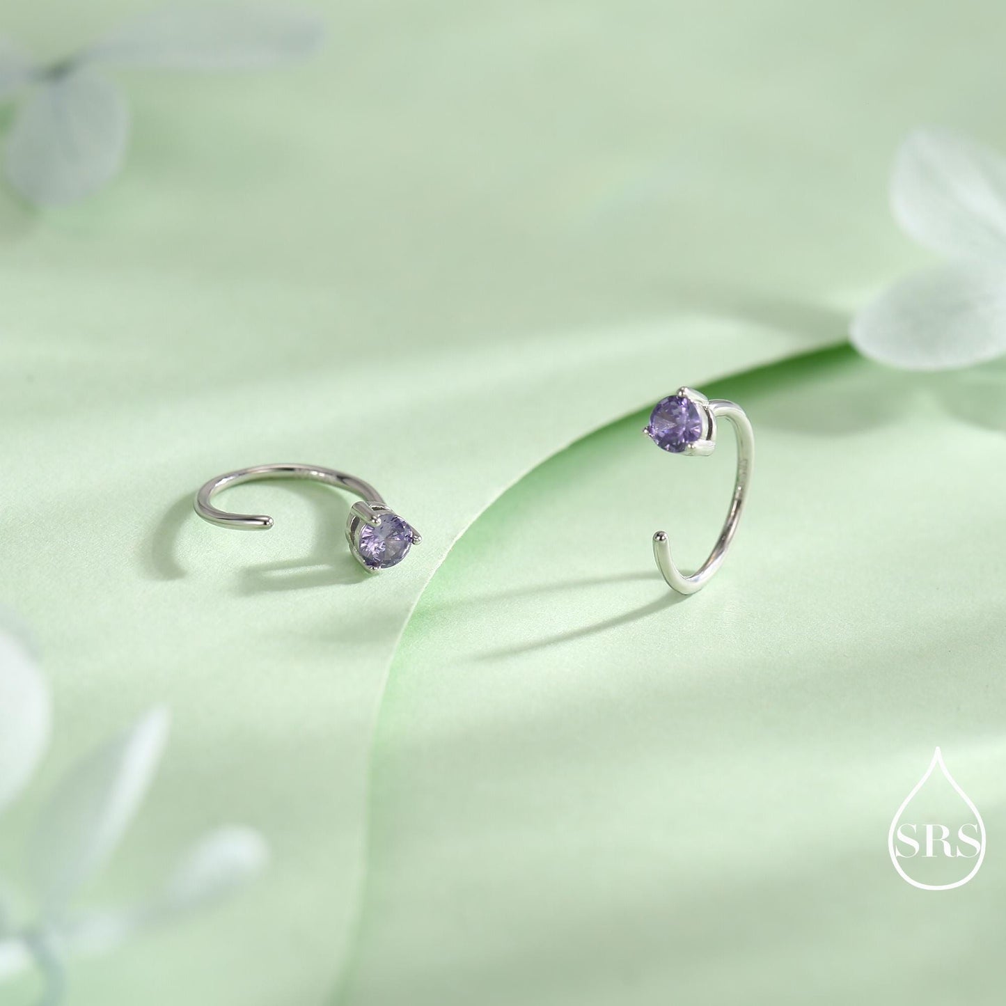 Lilac Amethyst Purple Crystal Huggie Hoop Threader Earrings in Sterling Silver, 3mm Three Prong, Gold or Silver, Pull Through Open Hoops