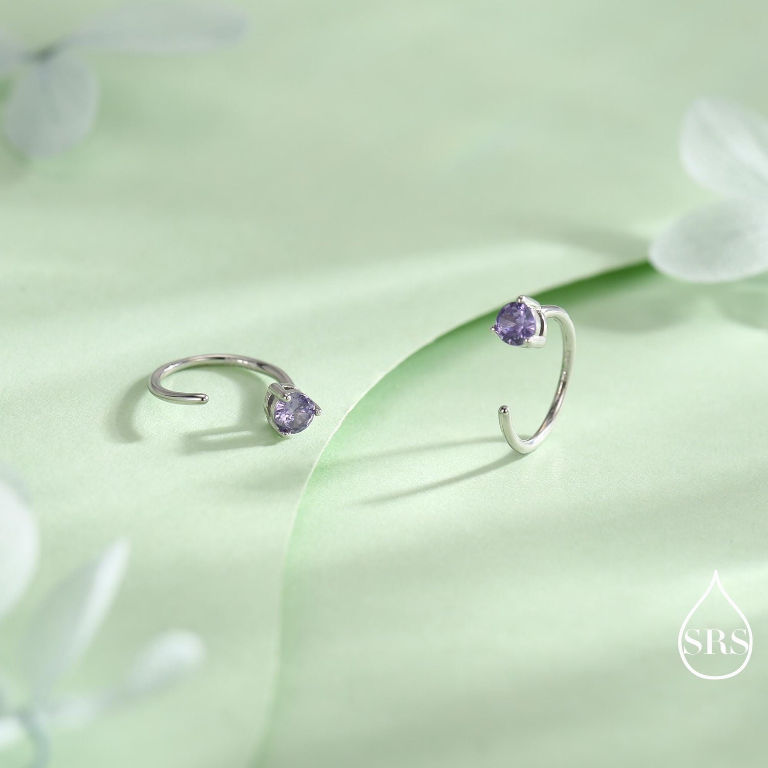 Lilac Amethyst Purple Crystal Huggie Hoop Threader Earrings in Sterling Silver, 3mm Three Prong, Gold or Silver, Pull Through Open Hoops
