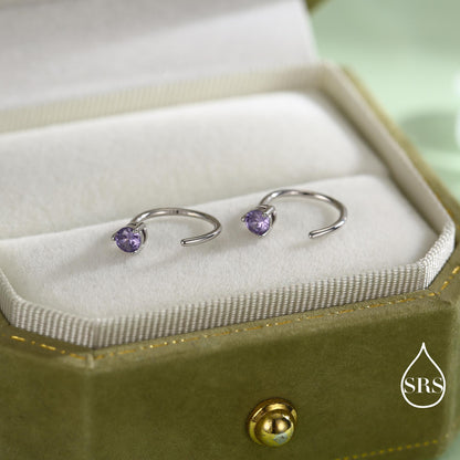 Lilac Amethyst Purple Crystal Huggie Hoop Threader Earrings in Sterling Silver, 3mm Three Prong, Gold or Silver, Pull Through Open Hoops