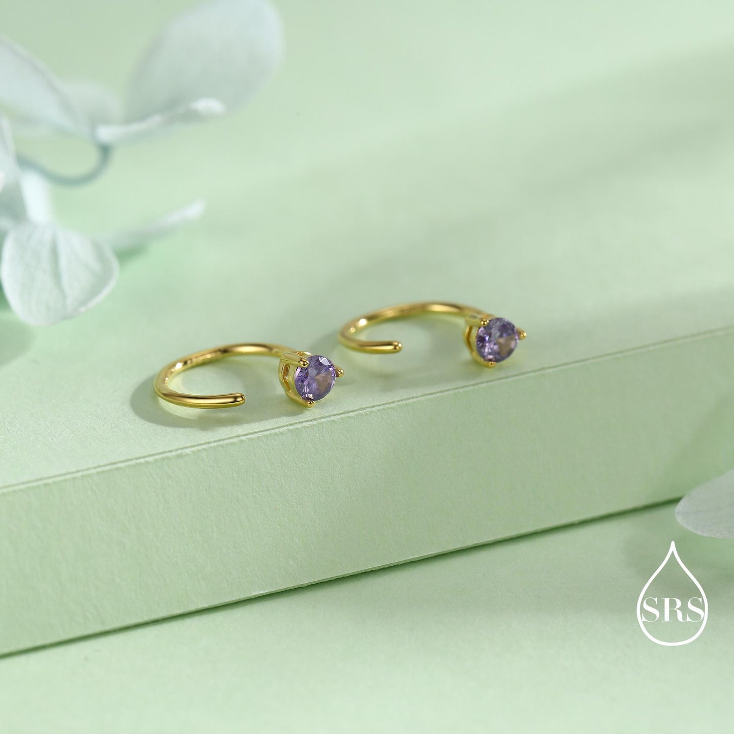 Lilac Amethyst Purple Crystal Huggie Hoop Threader Earrings in Sterling Silver, 3mm Three Prong, Gold or Silver, Pull Through Open Hoops