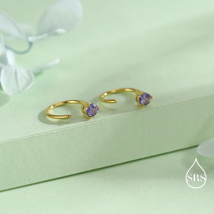 Lilac Amethyst Purple Crystal Huggie Hoop Threader Earrings in Sterling Silver, 3mm Three Prong, Gold or Silver, Pull Through Open Hoops