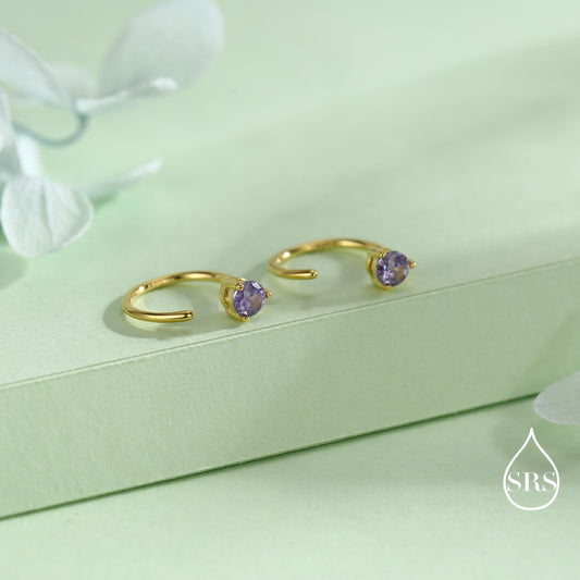 Lilac Amethyst Purple Crystal Huggie Hoop Threader Earrings in Sterling Silver, 3mm Three Prong, Gold or Silver, Pull Through Open Hoops