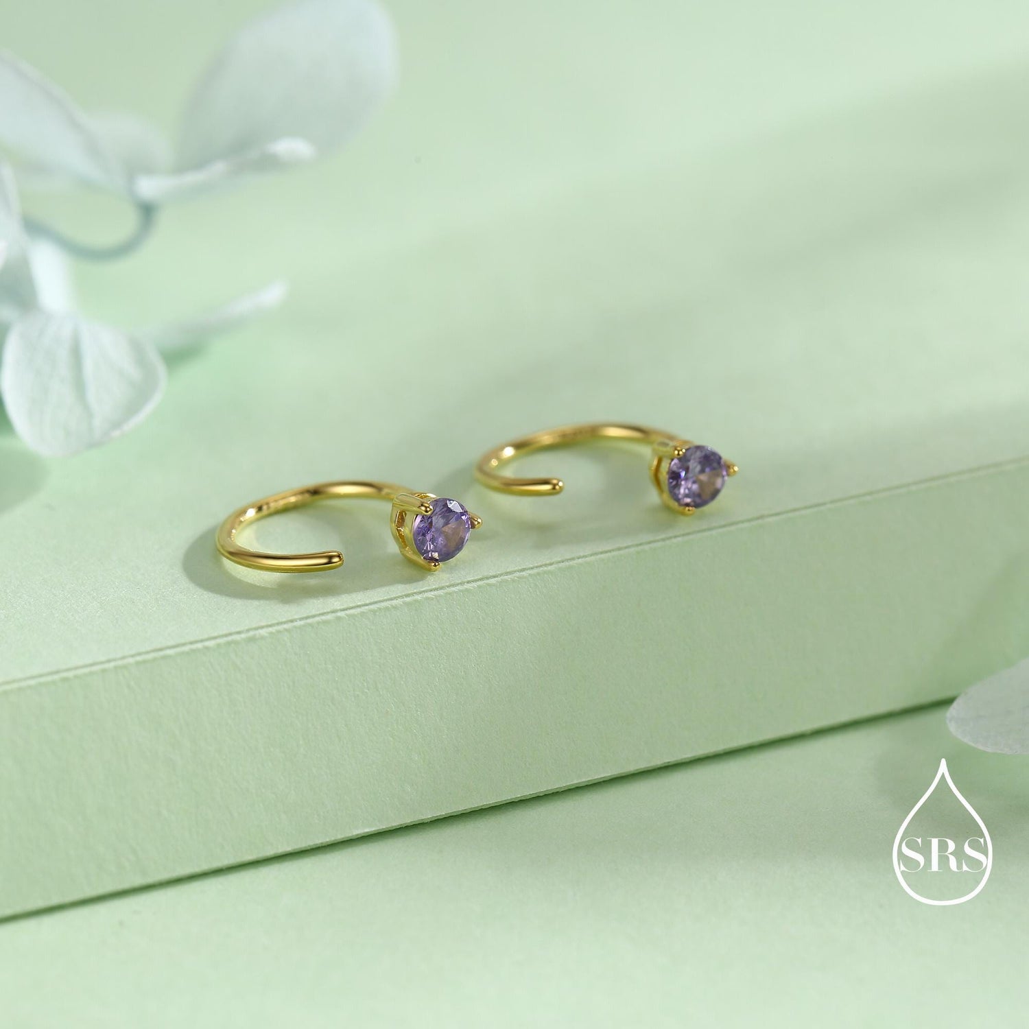 Lilac Amethyst Purple Crystal Huggie Hoop Threader Earrings in Sterling Silver, 3mm Three Prong, Gold or Silver, Pull Through Open Hoops