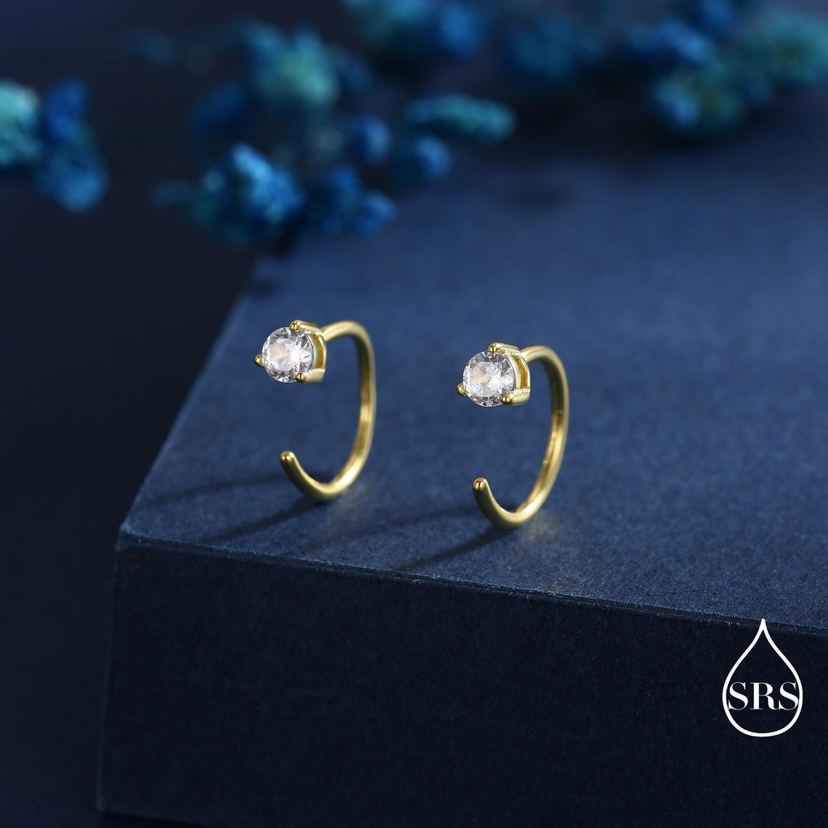 CZ Huggie Hoop Threader Earrings in Sterling Silver, 3mm Three Prong, Gold or Silver, Half Hoop Earrings, Pull Through Open Hoops