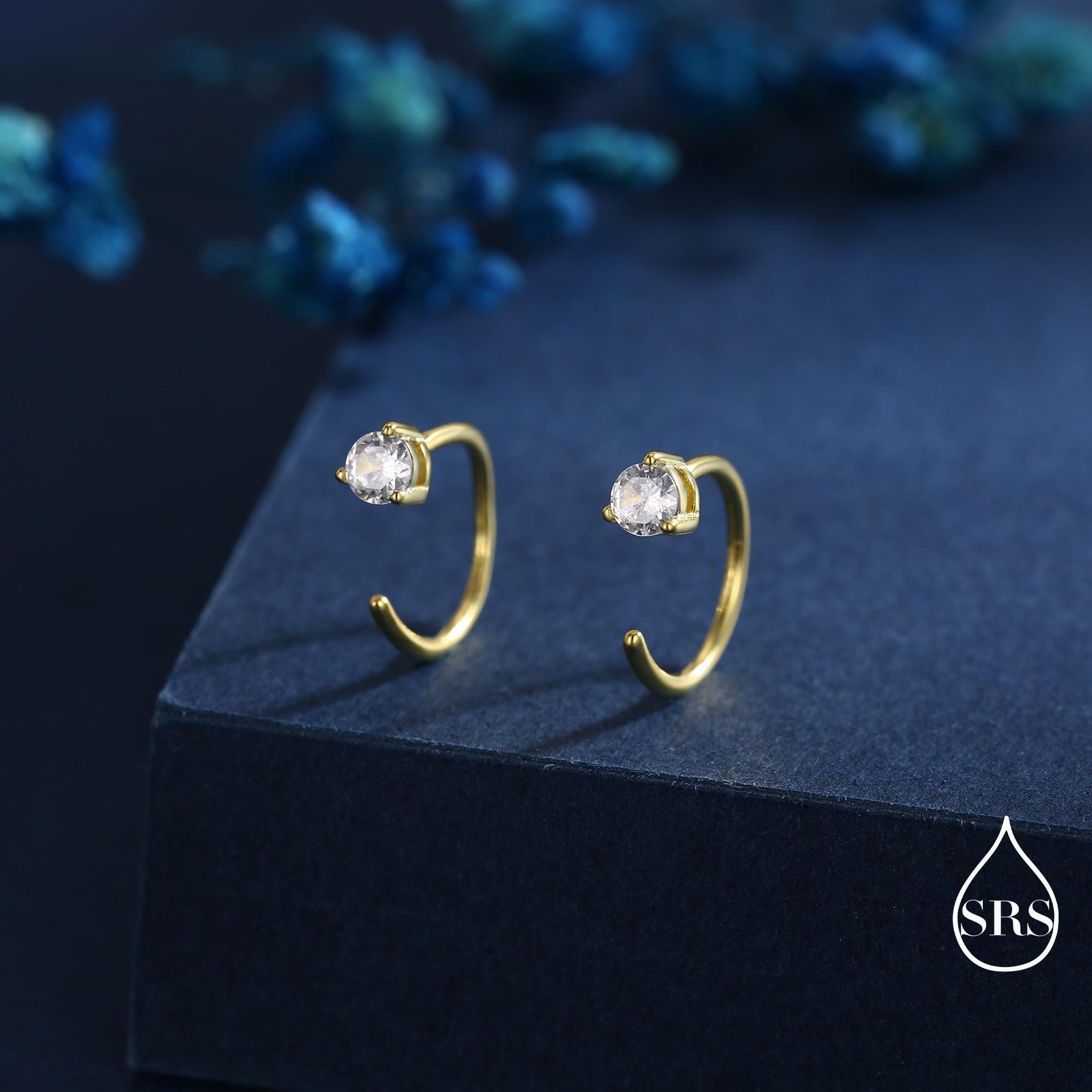 CZ Huggie Hoop Threader Earrings in Sterling Silver, 3mm Three Prong, Gold or Silver, Half Hoop Earrings, Pull Through Open Hoops