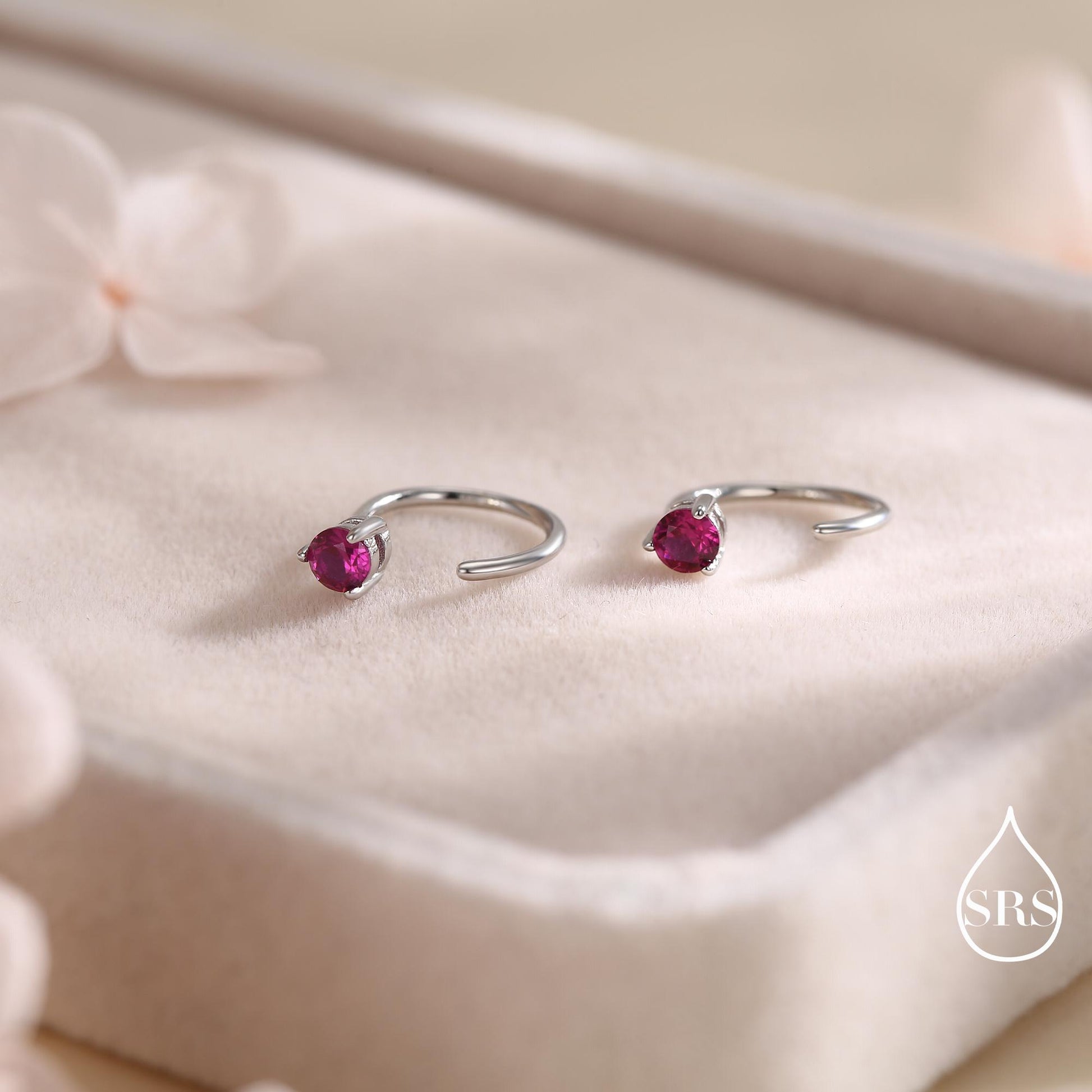 Ruby Pink CZ Crystal Huggie Hoop Earrings in Sterling Silver, 3mm Three Prong, Gold or Silver, Pull Through Open Hoops, July Birthstone