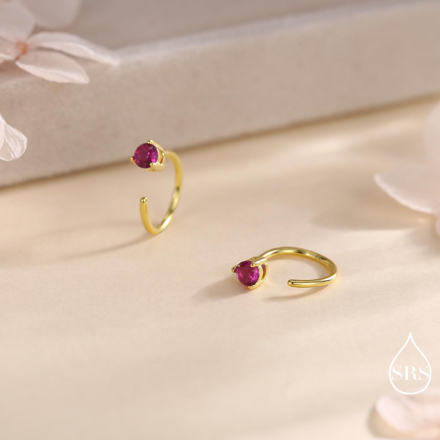 Ruby Pink CZ Crystal Huggie Hoop Earrings in Sterling Silver, 3mm Three Prong, Gold or Silver, Pull Through Open Hoops, July Birthstone