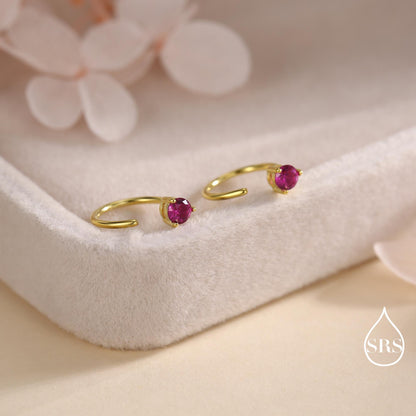 Ruby Pink CZ Crystal Huggie Hoop Earrings in Sterling Silver, 3mm Three Prong, Gold or Silver, Pull Through Open Hoops, July Birthstone