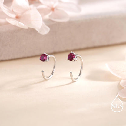Ruby Pink CZ Crystal Huggie Hoop Earrings in Sterling Silver, 3mm Three Prong, Gold or Silver, Pull Through Open Hoops, July Birthstone