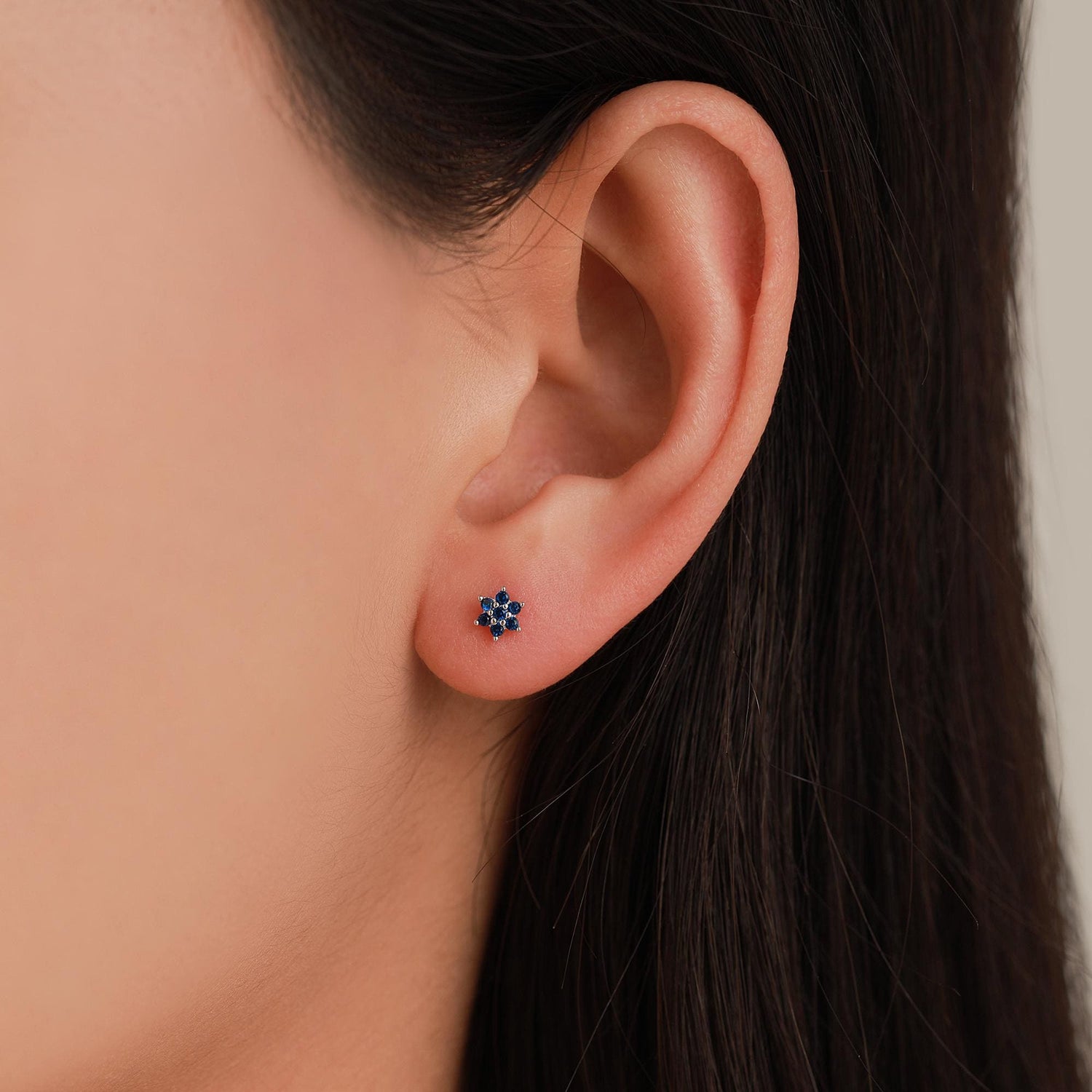 Extra Tiny Sapphire Blue CZ Flower 16G Internally Threaded Flat Back Earrings in Sterling Silver