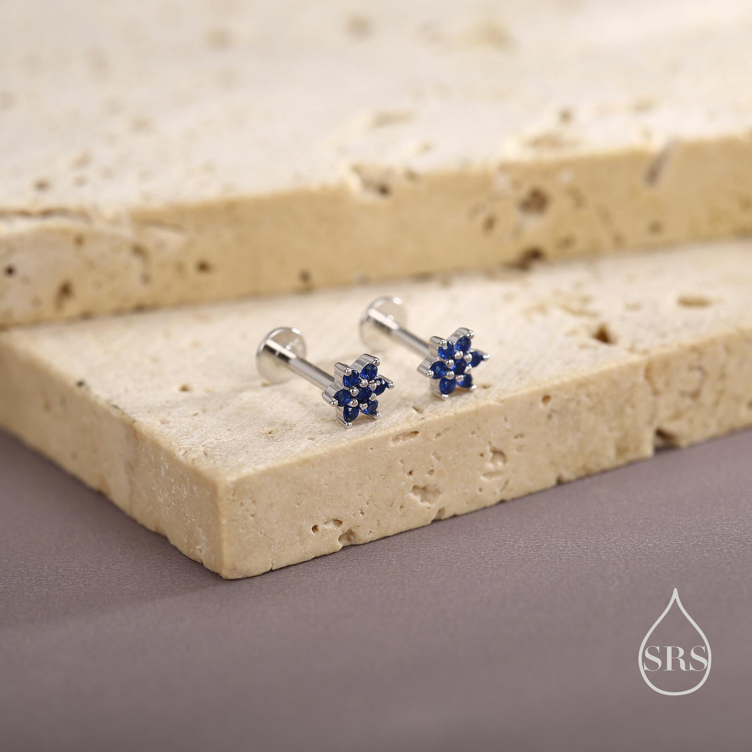 Extra Tiny Sapphire Blue CZ Flower 16G Internally Threaded Flat Back Earrings in Sterling Silver