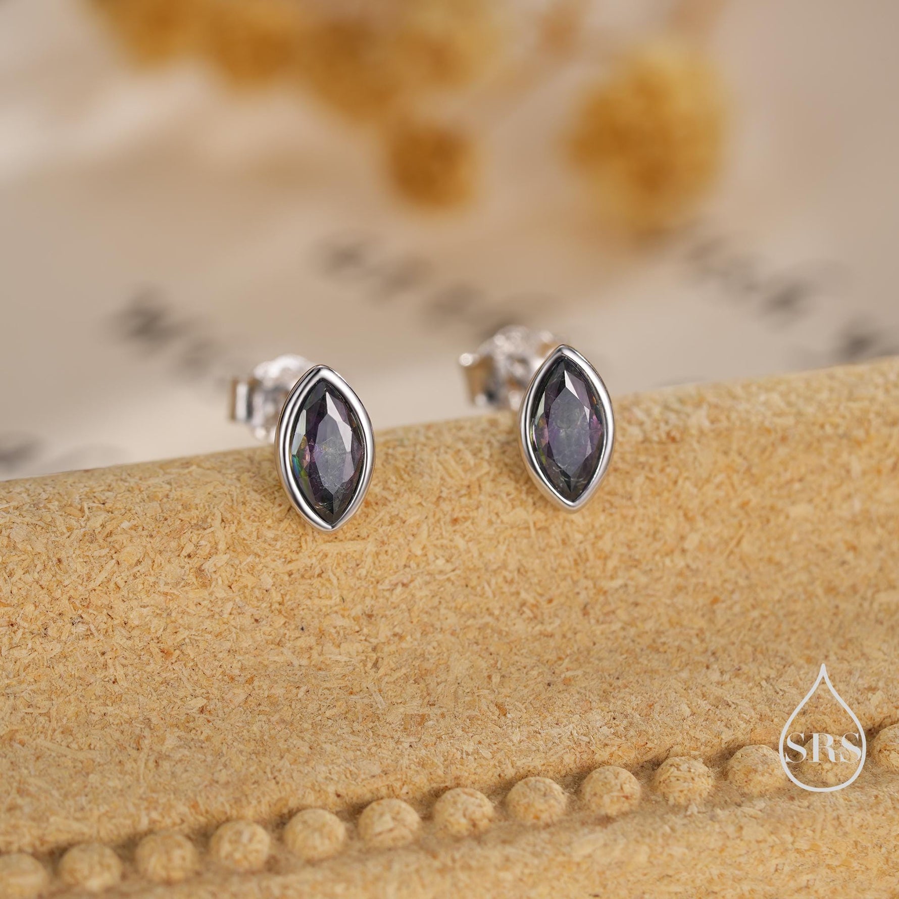 Mystic Topaz Marquise Stud Earrings in Sterling Silver, Gold or Silver, Minimalist Geometric Design
