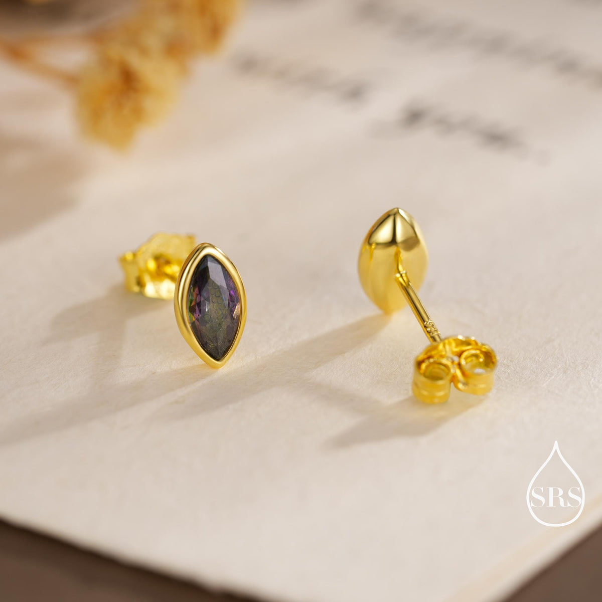 Mystic Topaz Marquise Stud Earrings in Sterling Silver, Gold or Silver, Minimalist Geometric Design