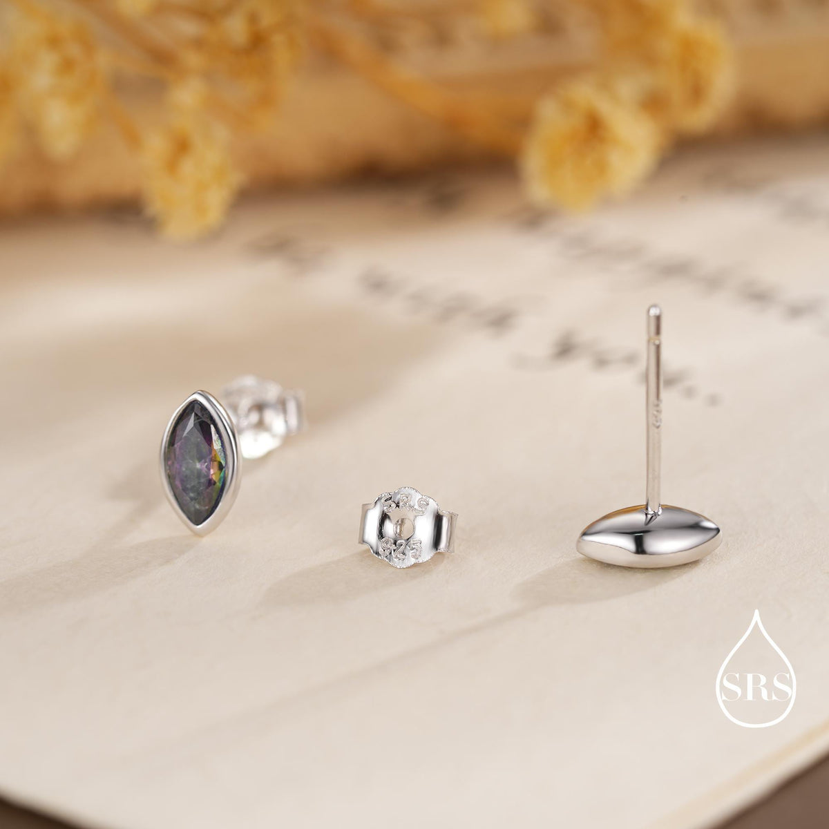Mystic Topaz Marquise Stud Earrings in Sterling Silver, Gold or Silver, Minimalist Geometric Design