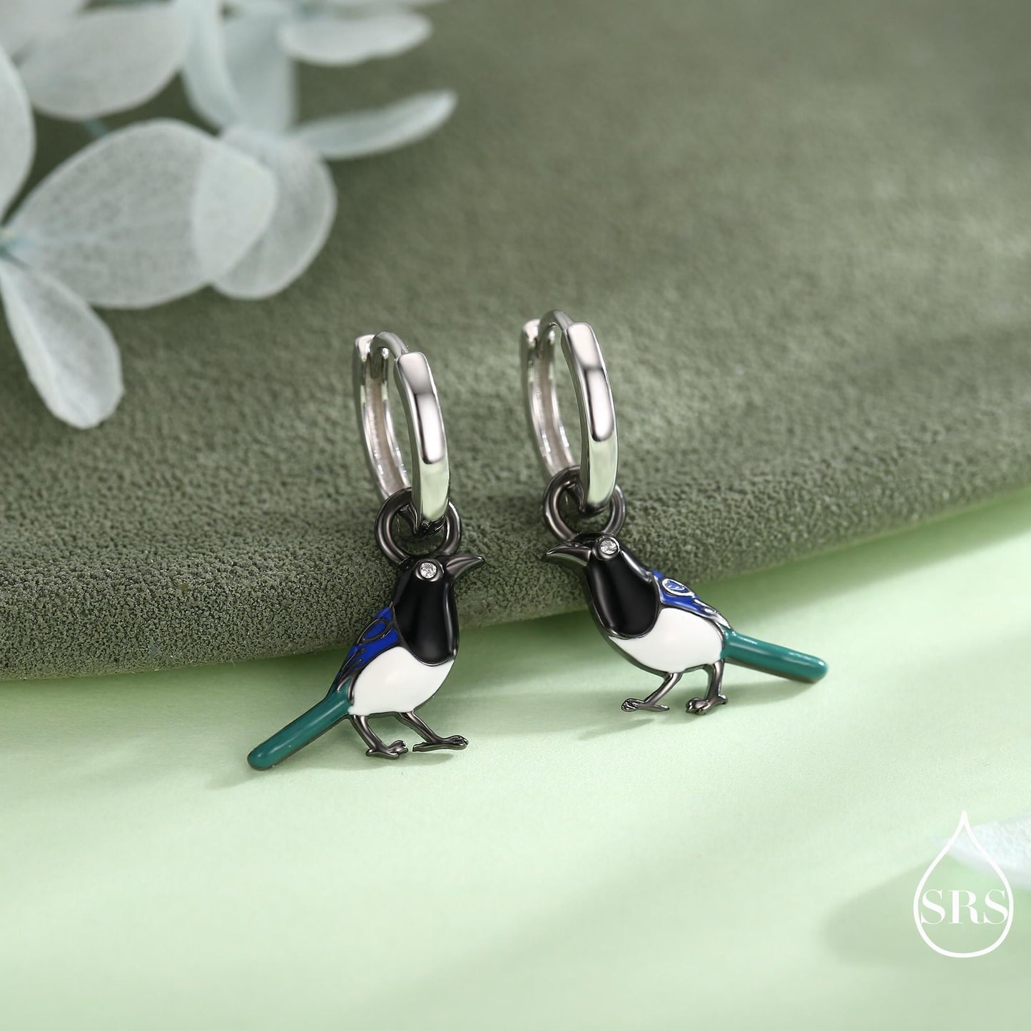 Magpie Enamel Huggie Hoop Earrings in Sterling Silver, Magpie Bird Earrings, Nature-Inspired Animal Earrings