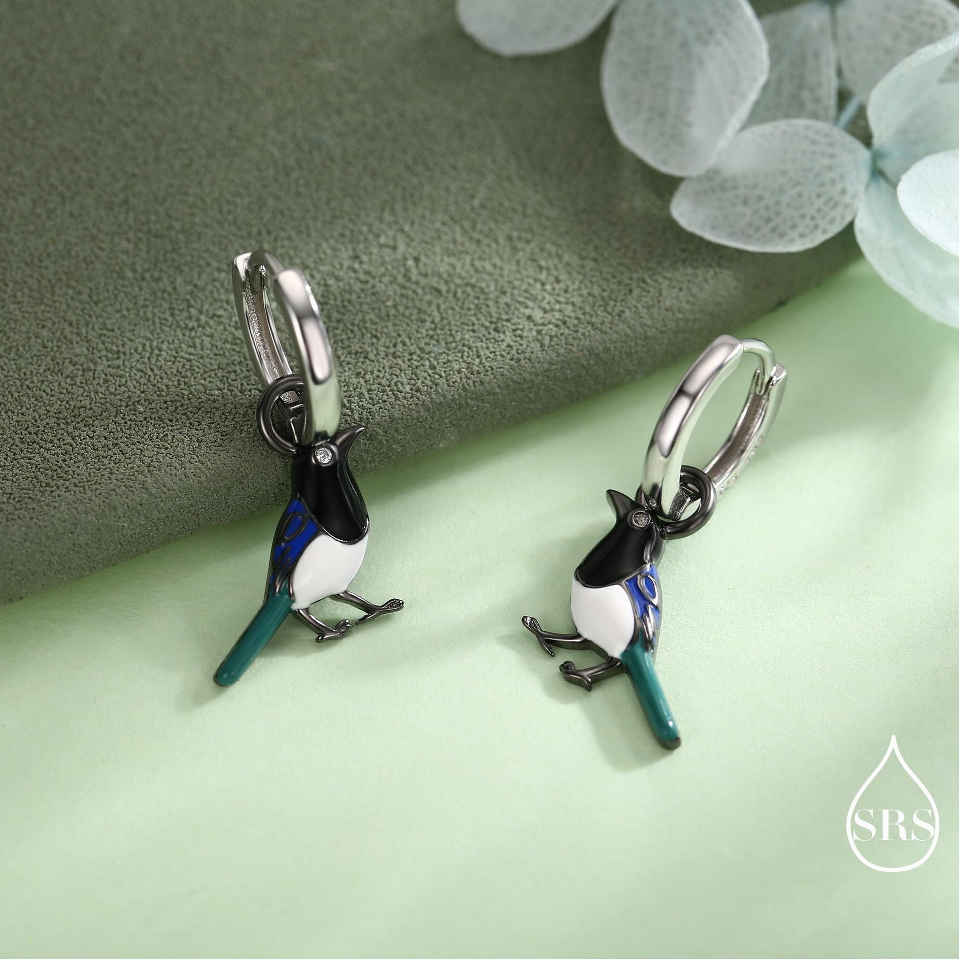 Magpie Enamel Huggie Hoop Earrings in Sterling Silver, Magpie Bird Earrings, Nature-Inspired Animal Earrings