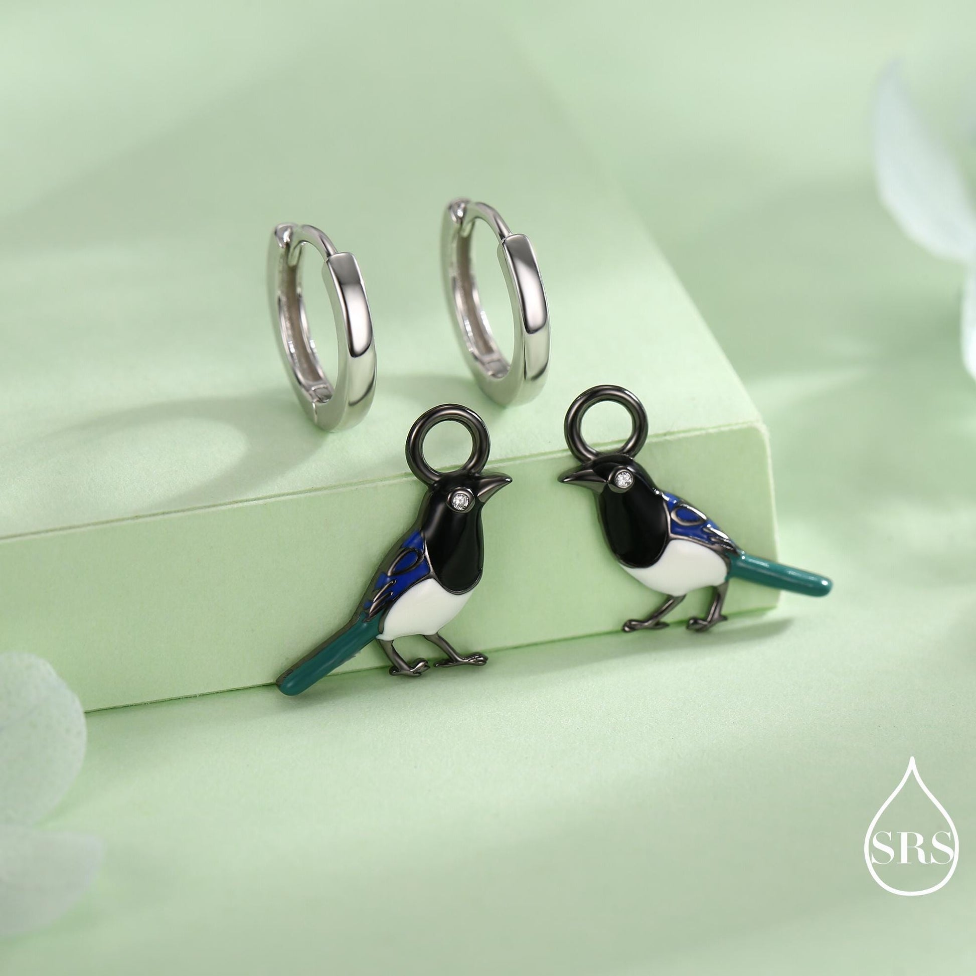 Magpie Enamel Huggie Hoop Earrings in Sterling Silver, Magpie Bird Earrings, Nature-Inspired Animal Earrings