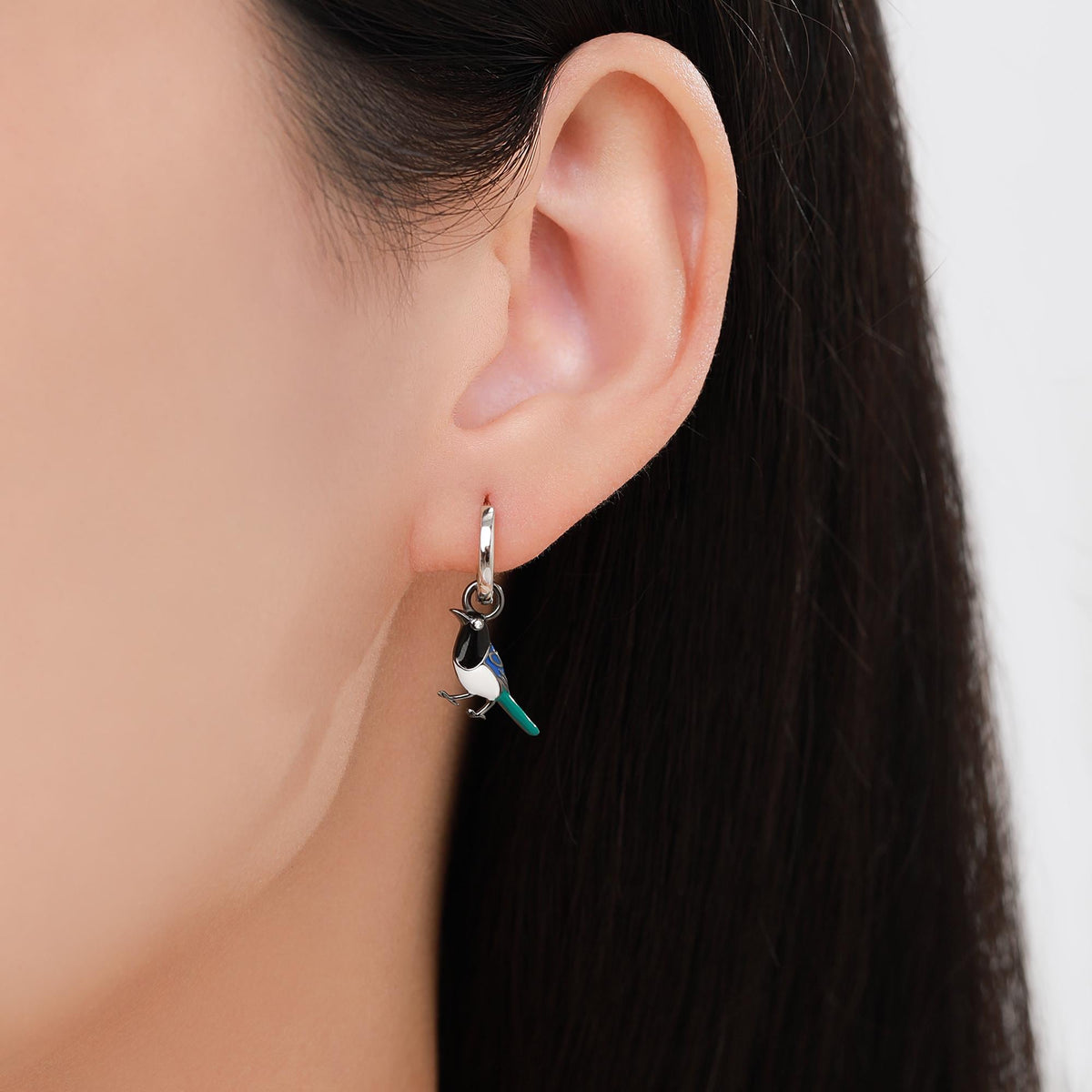 Magpie Enamel Huggie Hoop Earrings in Sterling Silver, Magpie Bird Earrings, Nature-Inspired Animal Earrings