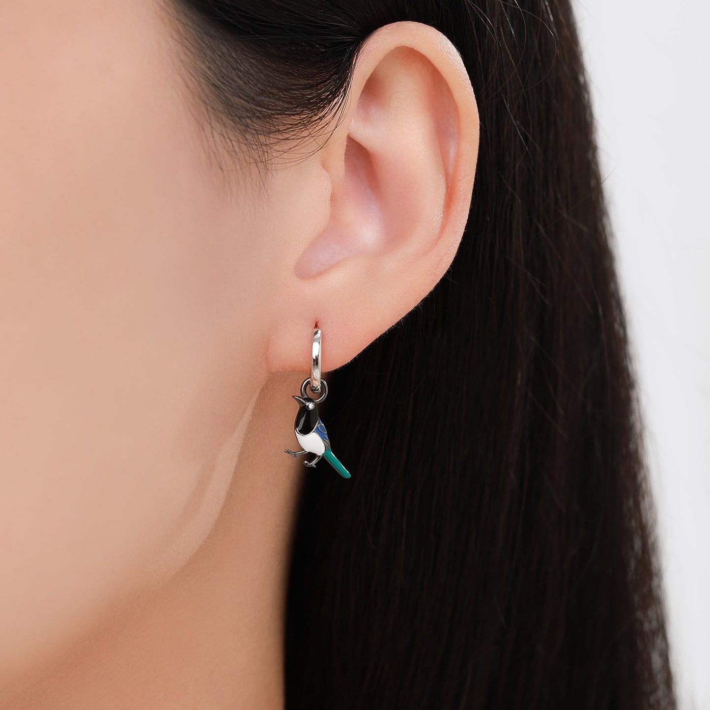 Magpie Enamel Huggie Hoop Earrings in Sterling Silver, Magpie Bird Earrings, Nature-Inspired Animal Earrings