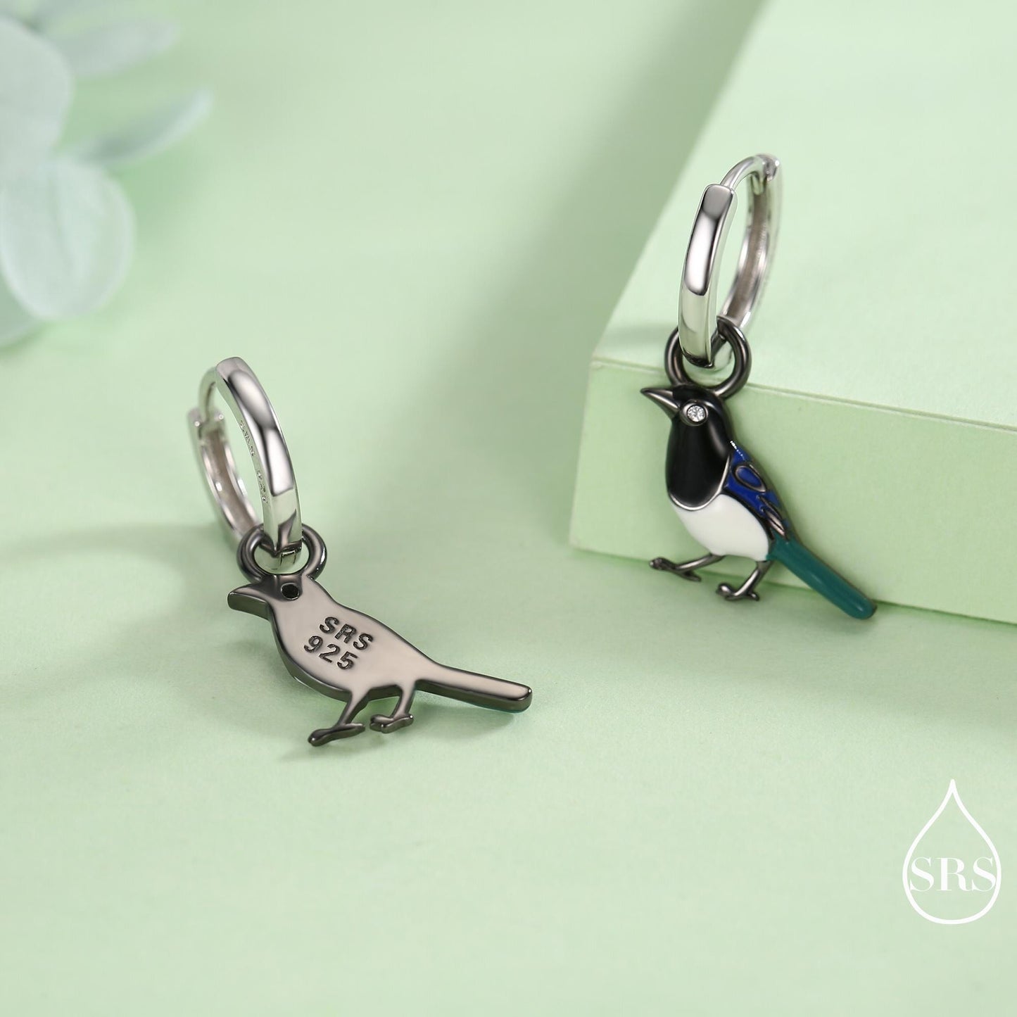 Magpie Enamel Huggie Hoop Earrings in Sterling Silver, Magpie Bird Earrings, Nature-Inspired Animal Earrings