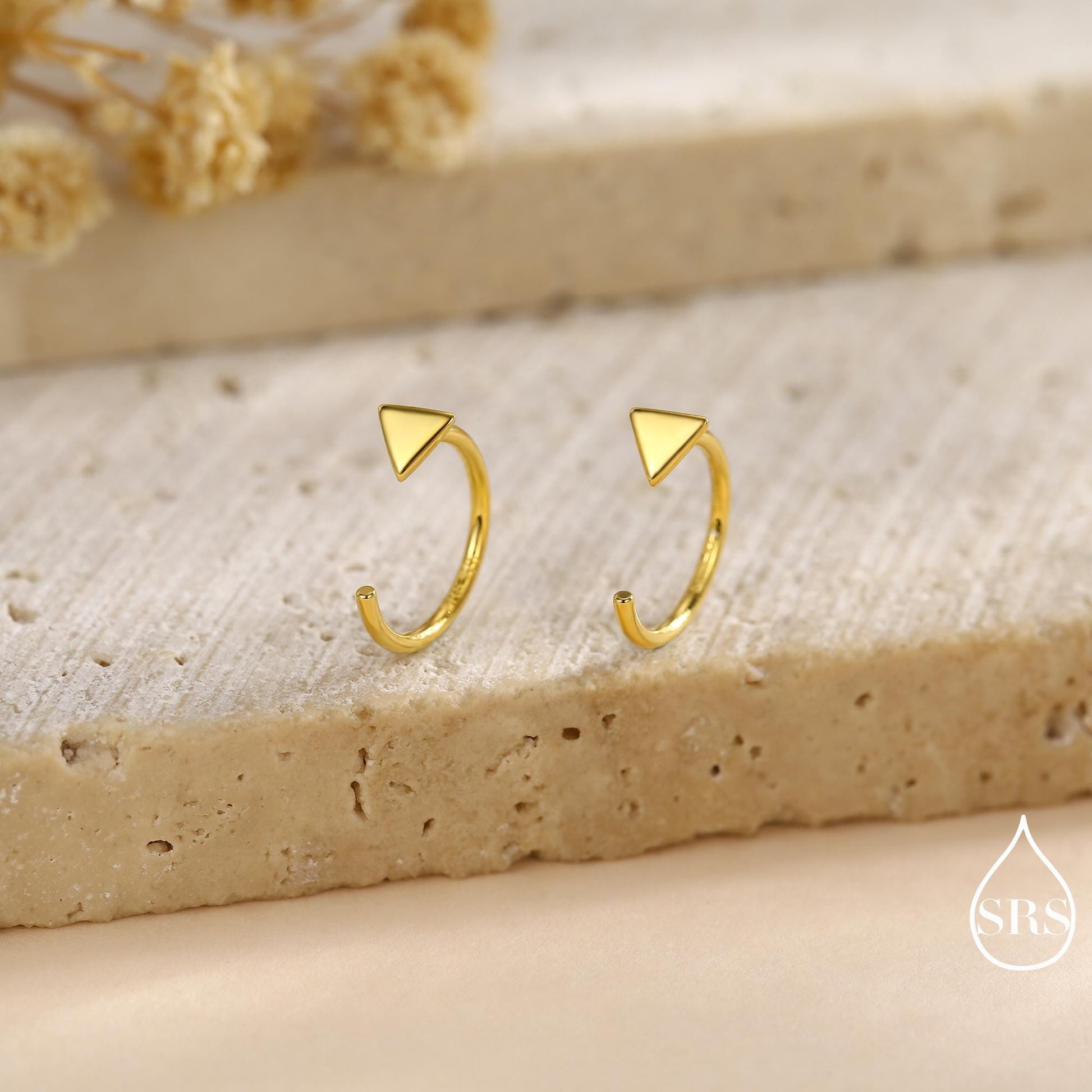 Extra Tiny Triangle Huggie Hoop Earrings in Sterling Silver, Open Hoop Pull-Through Threader Earrings, Half Hoops, Silver or Gold Finish