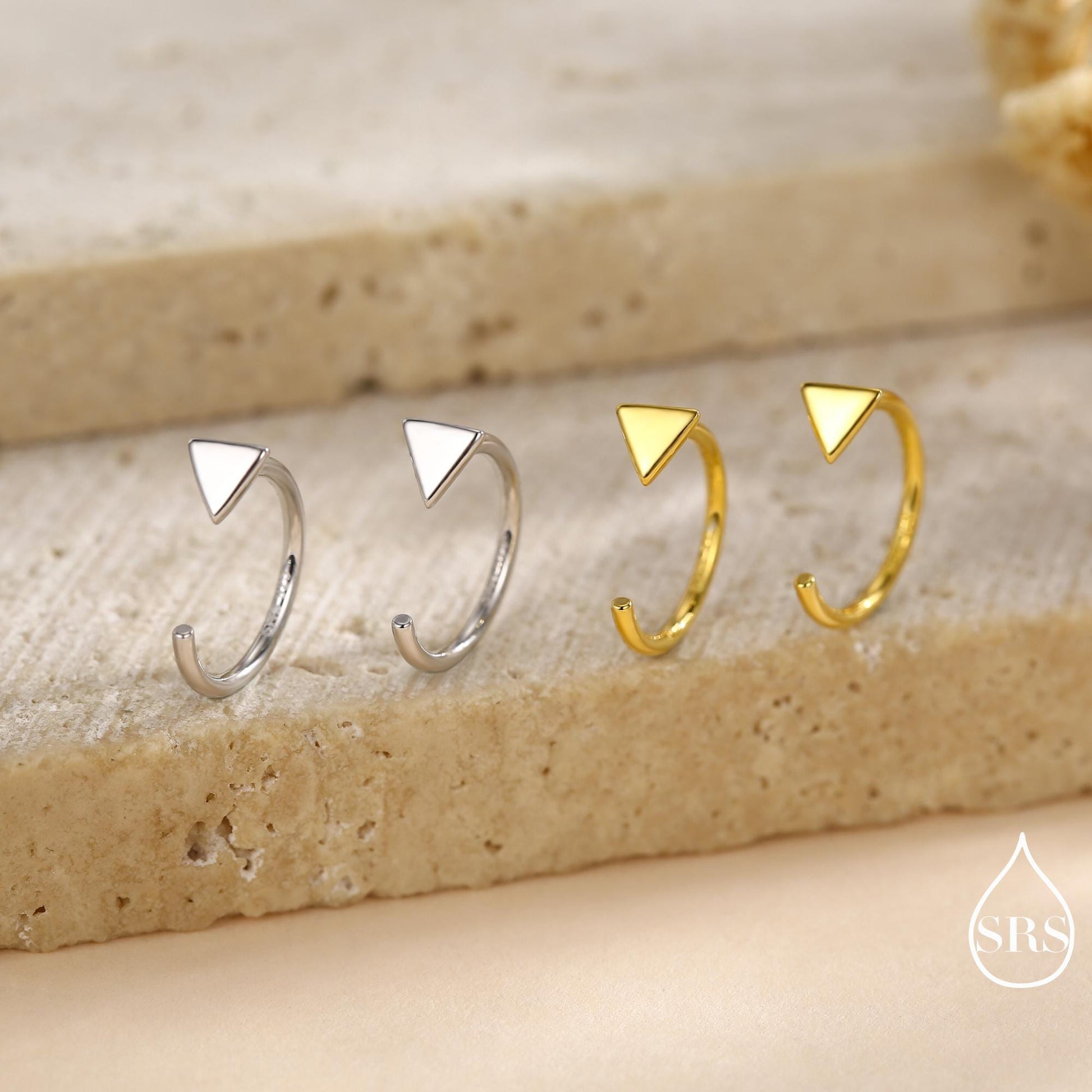 Extra Tiny Triangle Huggie Hoop Earrings in Sterling Silver, Open Hoop Pull-Through Threader Earrings, Half Hoops, Silver or Gold Finish