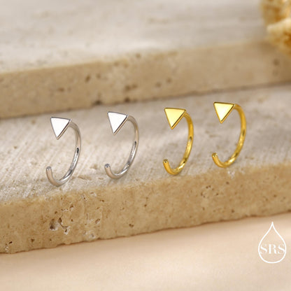 Extra Tiny Triangle Huggie Hoop Earrings in Sterling Silver, Open Hoop Pull-Through Threader Earrings, Half Hoops, Silver or Gold Finish