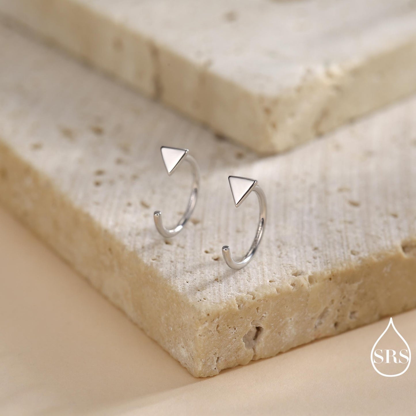 Extra Tiny Triangle Huggie Hoop Earrings in Sterling Silver, Open Hoop Pull-Through Threader Earrings, Half Hoops, Silver or Gold Finish