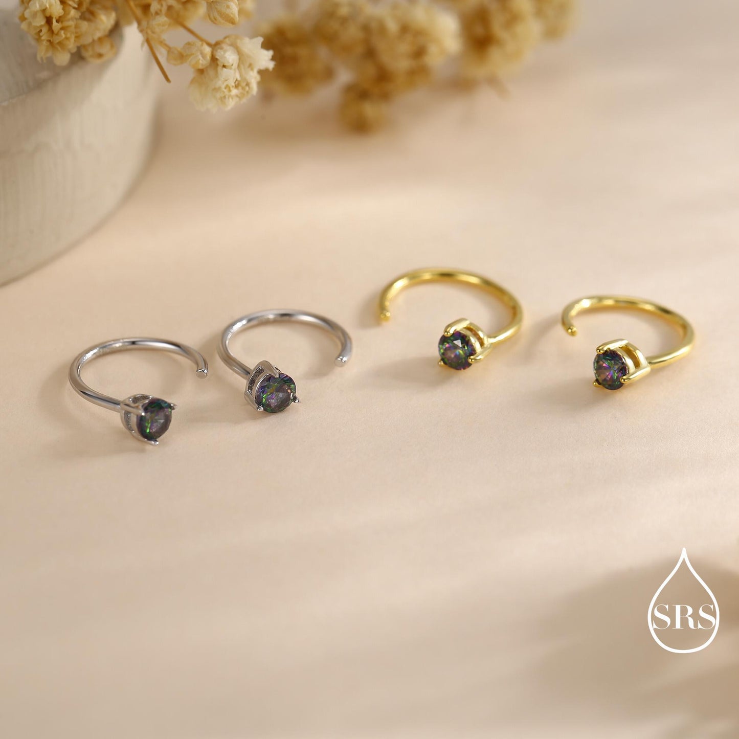 Mystic Topaz Crystal Huggie Hoop Threader Earrings in Sterling Silver, 3mm Three Prong, Gold or Silver, Pull Through Open Hoops