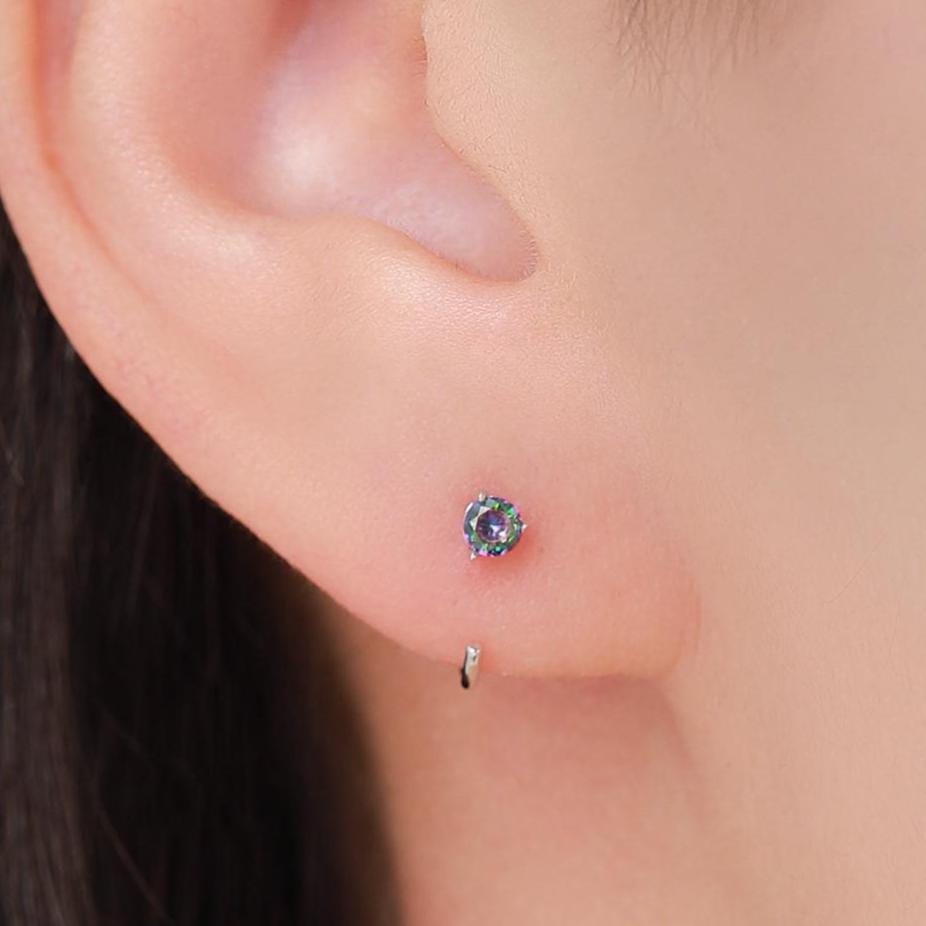 Mystic Topaz Crystal Huggie Hoop Threader Earrings in Sterling Silver, 3mm Three Prong, Gold or Silver, Pull Through Open Hoops