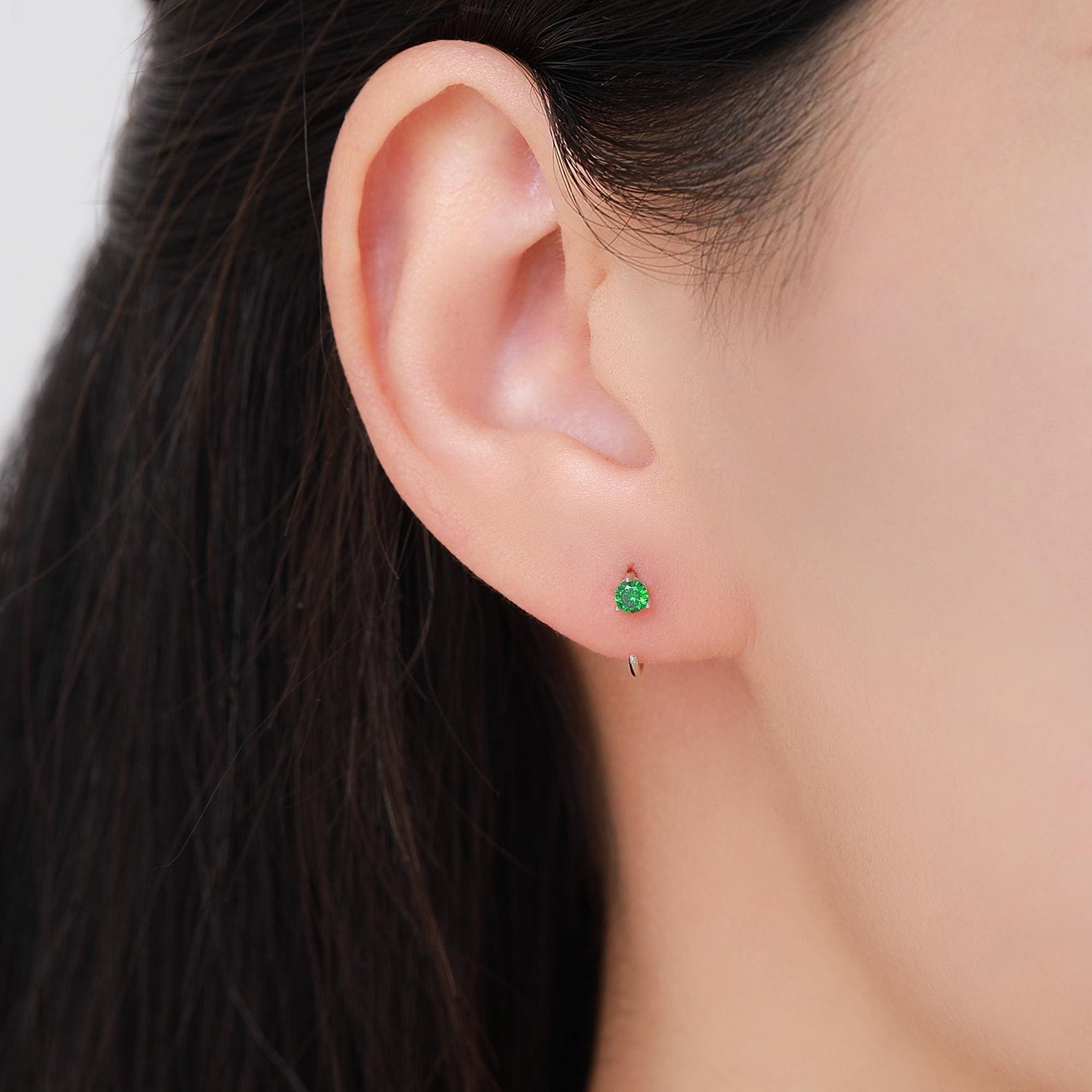 Emerald Green Crystal Huggie Hoop Threader Earrings in Sterling Silver, 3mm Three Prong, Gold or Silver, Pull Through Open Hoops
