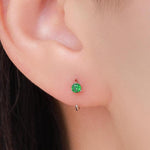 Emerald Green Crystal Huggie Hoop Threader Earrings in Sterling Silver, 3mm Three Prong, Gold or Silver, Pull Through Open Hoops
