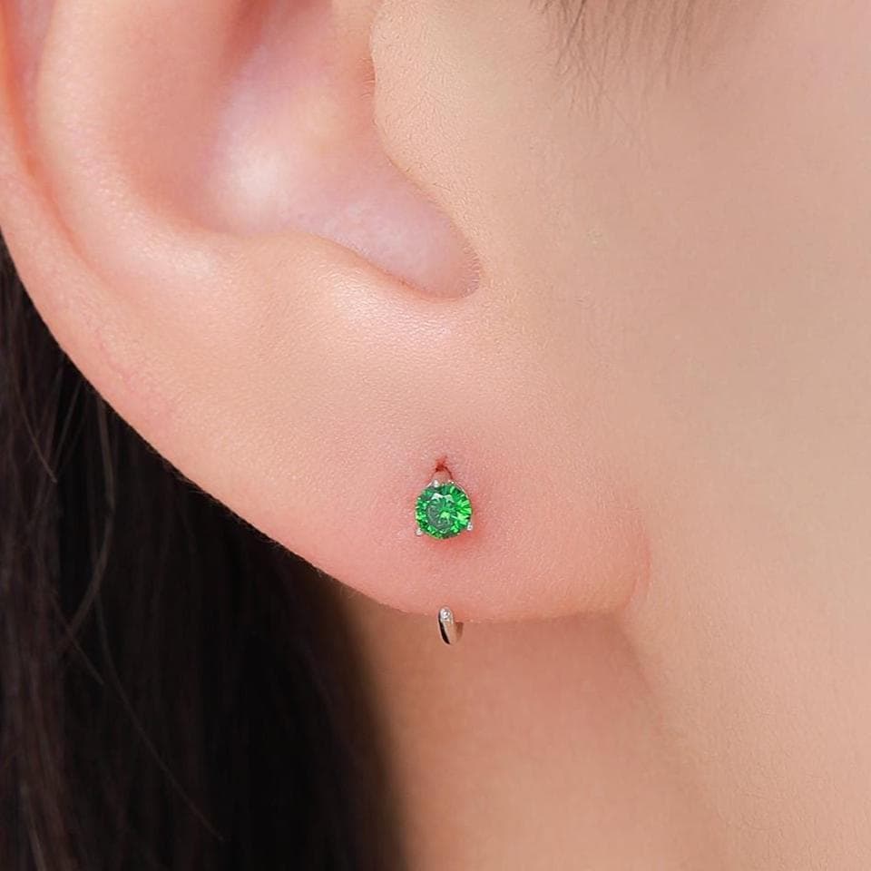 Emerald Green Crystal Huggie Hoop Threader Earrings in Sterling Silver, 3mm Three Prong, Gold or Silver, Pull Through Open Hoops