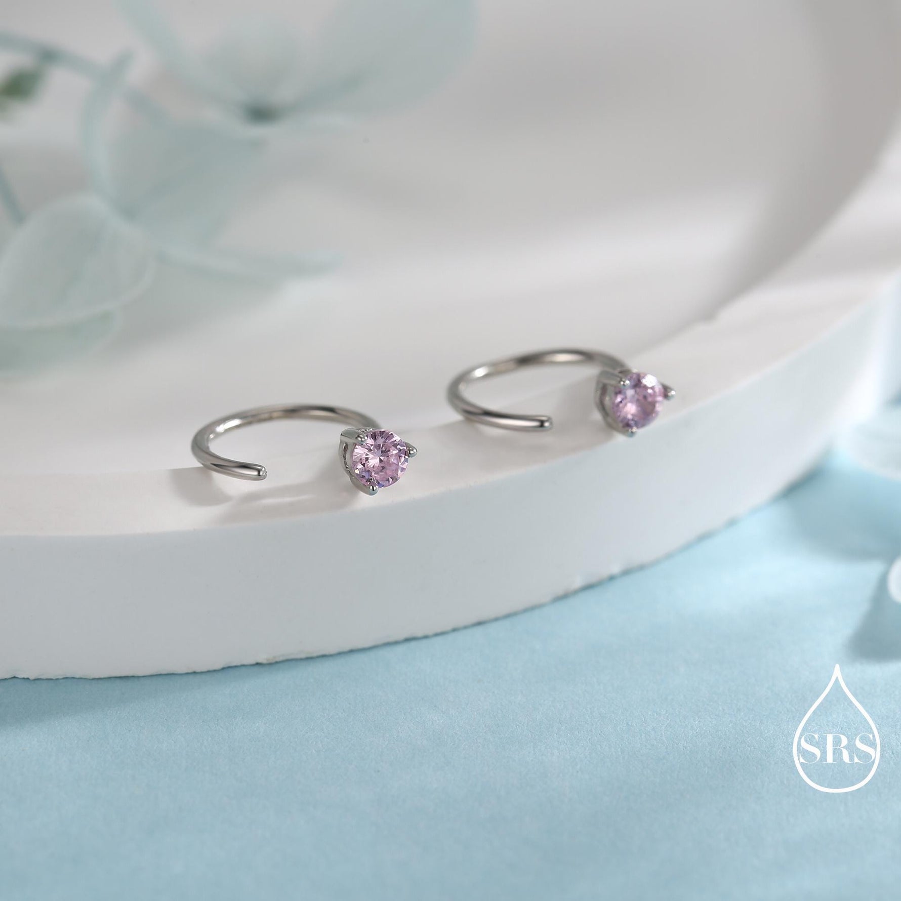 Minimalist Pink CZ Crystal Huggie Hoop Threader Earrings in Sterling Silver, 3mm Three Prong, Gold or Silver, Pull Through Open Hoops