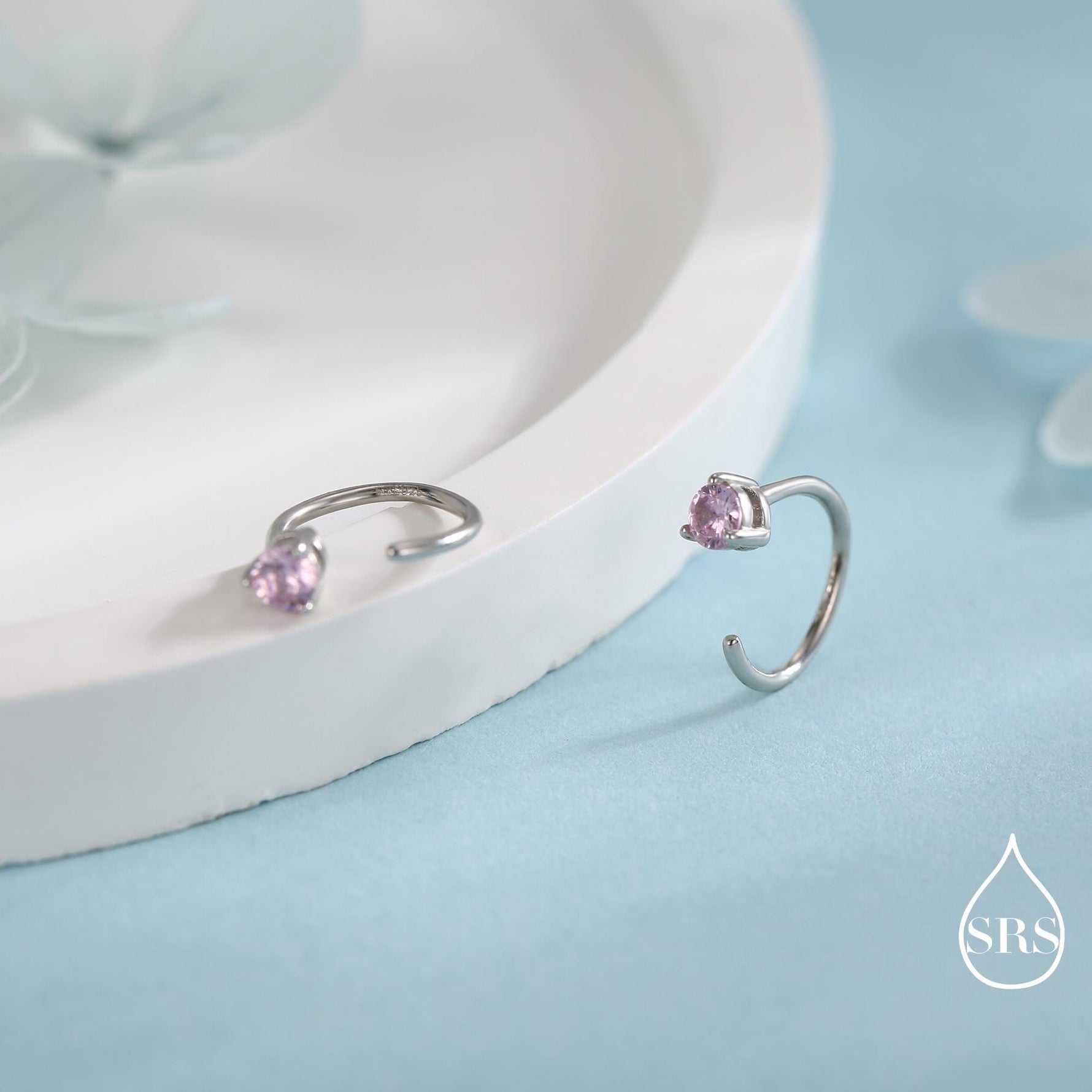 Minimalist Pink CZ Crystal Huggie Hoop Threader Earrings in Sterling Silver, 3mm Three Prong, Gold or Silver, Pull Through Open Hoops