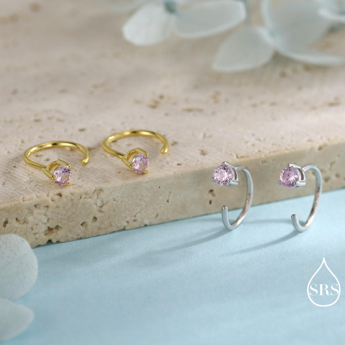Minimalist Pink CZ Crystal Huggie Hoop Threader Earrings in Sterling Silver, 3mm Three Prong, Gold or Silver, Pull Through Open Hoops