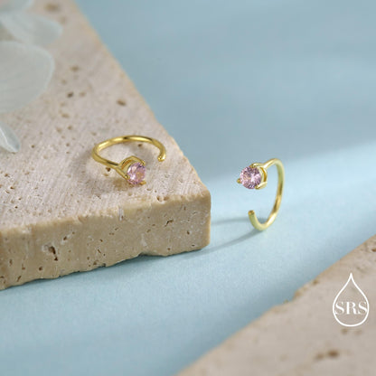 Minimalist Pink CZ Crystal Huggie Hoop Threader Earrings in Sterling Silver, 3mm Three Prong, Gold or Silver, Pull Through Open Hoops