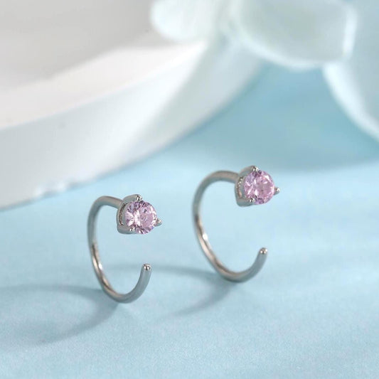 Minimalist Pink CZ Crystal Huggie Hoop Threader Earrings in Sterling Silver, 3mm Three Prong, Gold or Silver, Pull Through Open Hoops