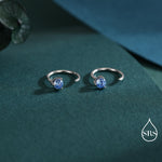 Aquamarine Blue CZ Crystal Huggie Hoop Earrings in Sterling Silver, 3mm Three Prong, Pull Through Open Hoops, March Birthstone