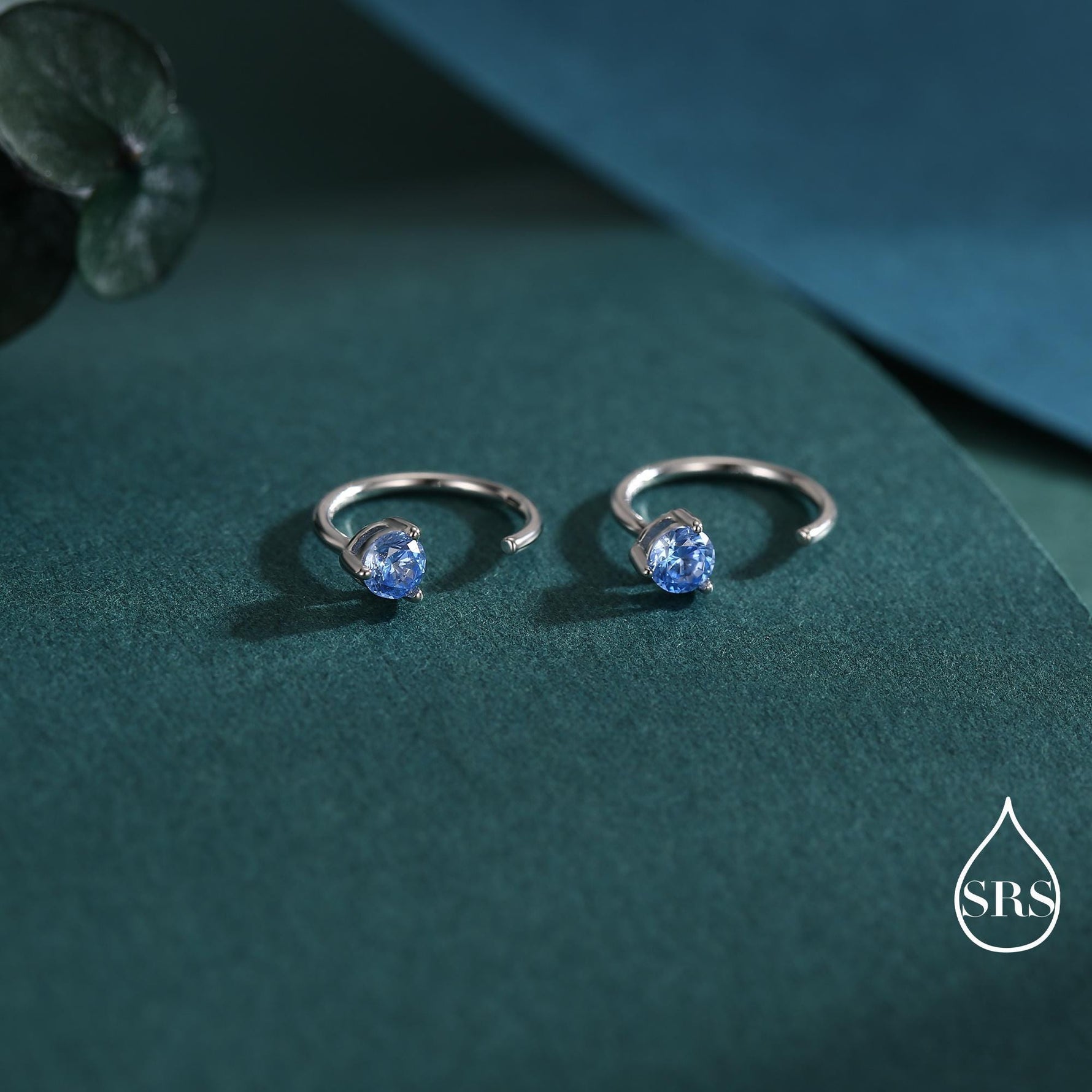 Aquamarine Blue CZ Crystal Huggie Hoop Earrings in Sterling Silver, 3mm Three Prong, Pull Through Open Hoops, March Birthstone