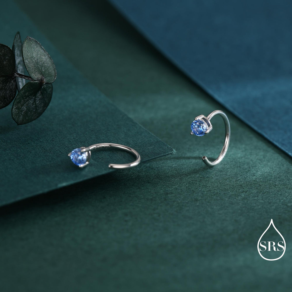 Aquamarine Blue CZ Crystal Huggie Hoop Earrings in Sterling Silver, 3mm Three Prong, Pull Through Open Hoops, March Birthstone