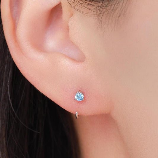 Aquamarine Blue CZ Crystal Huggie Hoop Earrings in Sterling Silver, 3mm Three Prong, Pull Through Open Hoops, March Birthstone