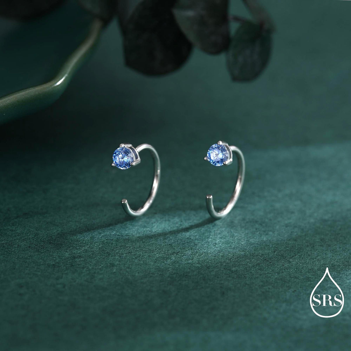 Aquamarine Blue CZ Crystal Huggie Hoop Earrings in Sterling Silver, 3mm Three Prong, Pull Through Open Hoops, March Birthstone