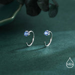 Aquamarine Blue CZ Crystal Huggie Hoop Earrings in Sterling Silver, 3mm Three Prong, Pull Through Open Hoops, March Birthstone