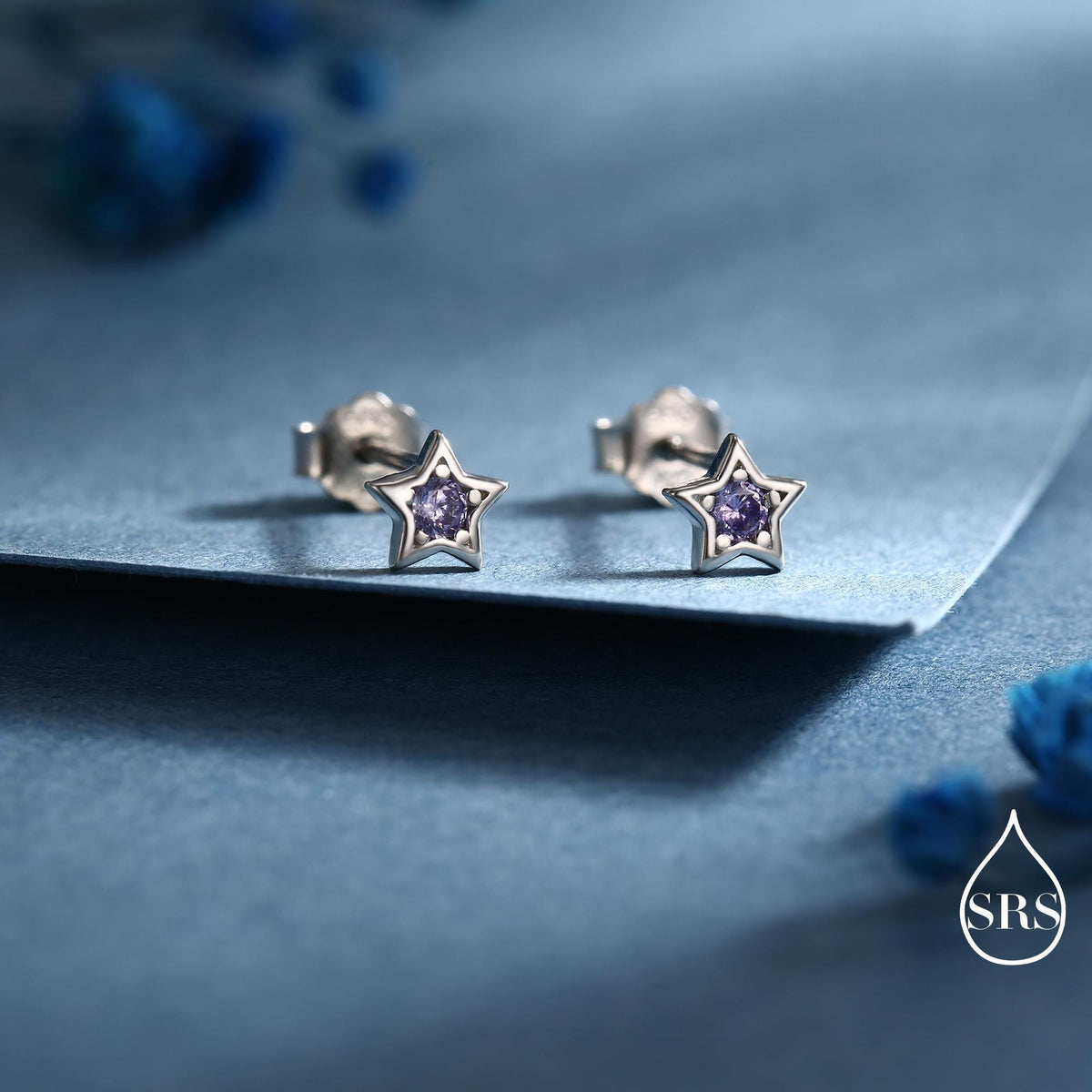 Tiny Amethyst Purple CZ Star Stud Earrings in Sterling Silver, Silver or Gold, Purple Crystal Star Earrings, Stacking Earrings